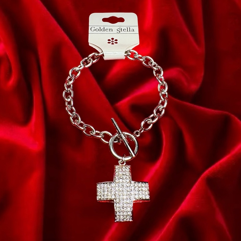 Golden Stella Silver Cross Charm Bracelet First Aid Bling Nurse Links Toggle Gem